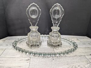 Vintage Perfume Bottles by LE Smith 7" with Clear Oval Stopper & Vanity Tray